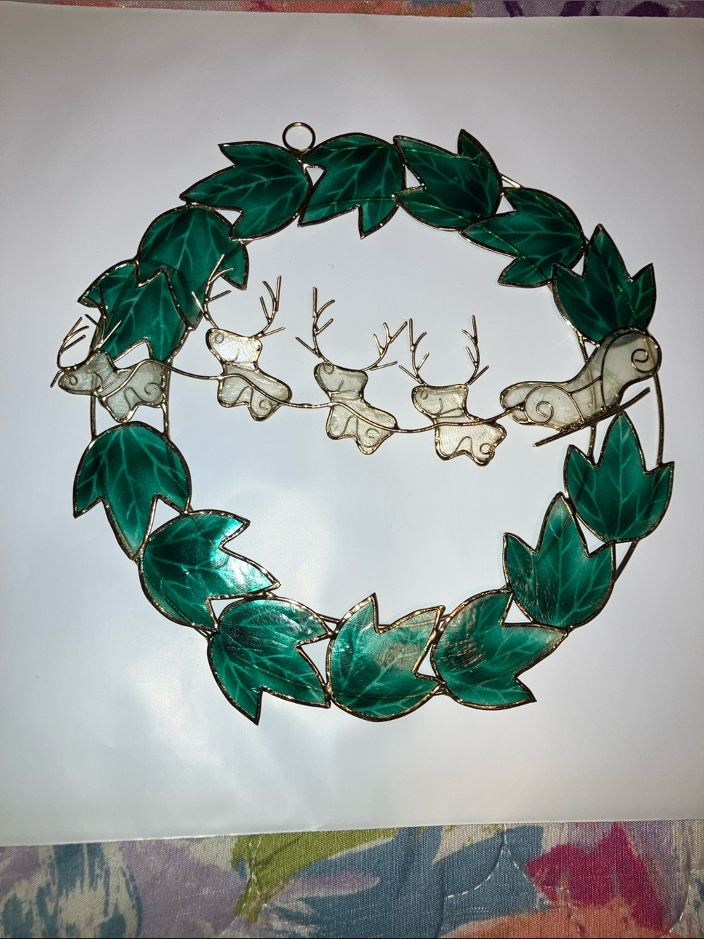 Capiz Shell Vintage Green Leaf Wreath with Gold Reindeer Garland 7”